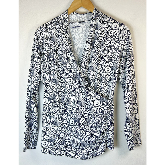 Lands’ End Floral Faux Wrap Shirt small Petite Soft Stretch boho long sleeve - Picture 2 of 12